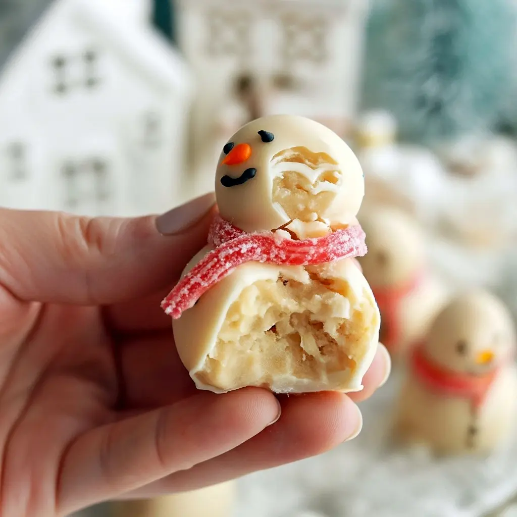 Close-up of three dairy-free white chocolate snowman truffles with tiny candy scarves and piped faces on a festive plate, No Bake Desserts For Christmas.