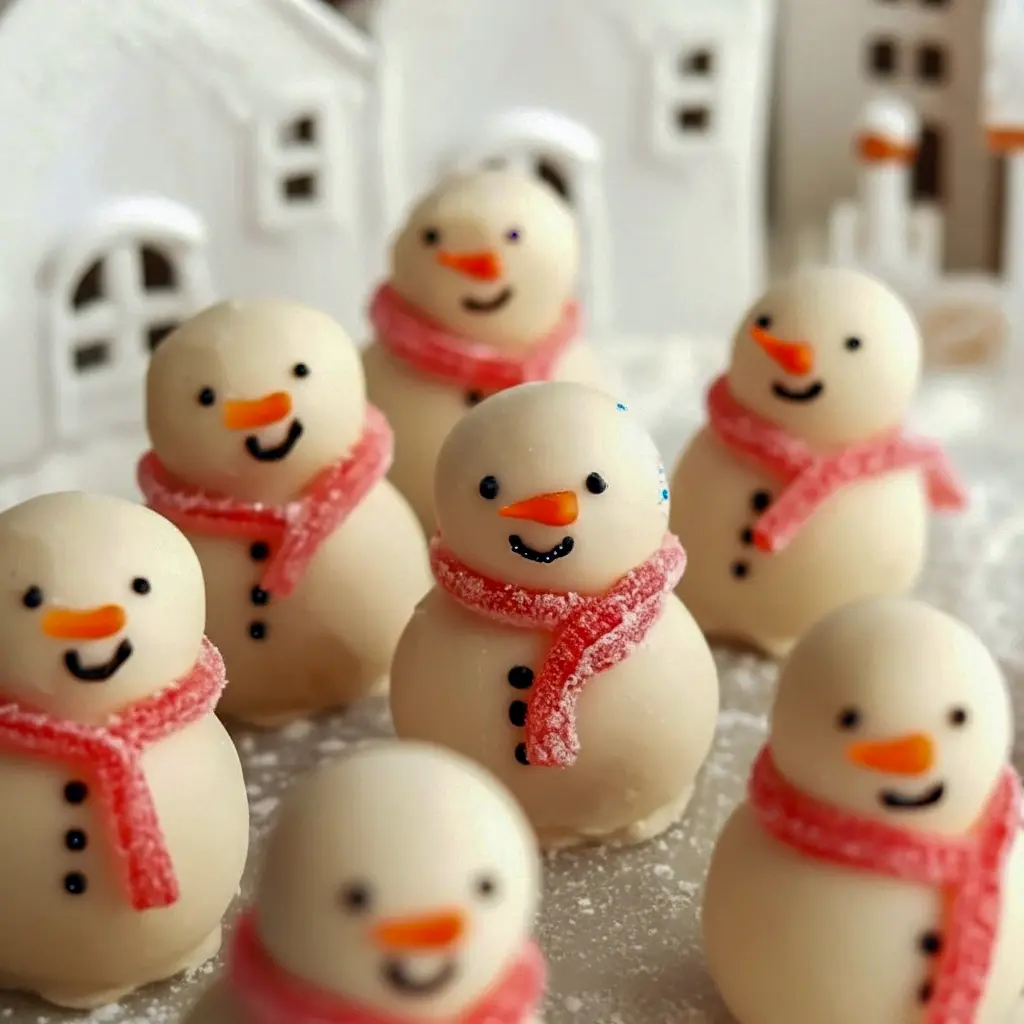 Close-up of three dairy-free white chocolate snowman truffles with tiny candy scarves and piped faces on a festive plate, No Bake Desserts For Christmas.