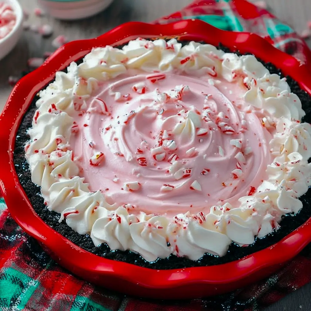 Slice of no-bake peppermint pie in a chocolate cookie crust, topped with whipped cream and crushed candy cane, on a festive holiday plate, Easy Baking Christmas.
