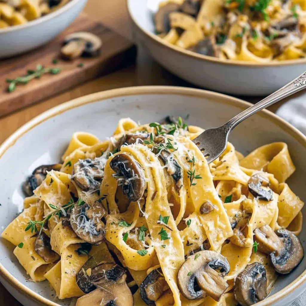 Close-up of creamy pasta tossed with caramelized leeks, golden mushrooms, and parsley on a white plate, Gruyere Pasta.