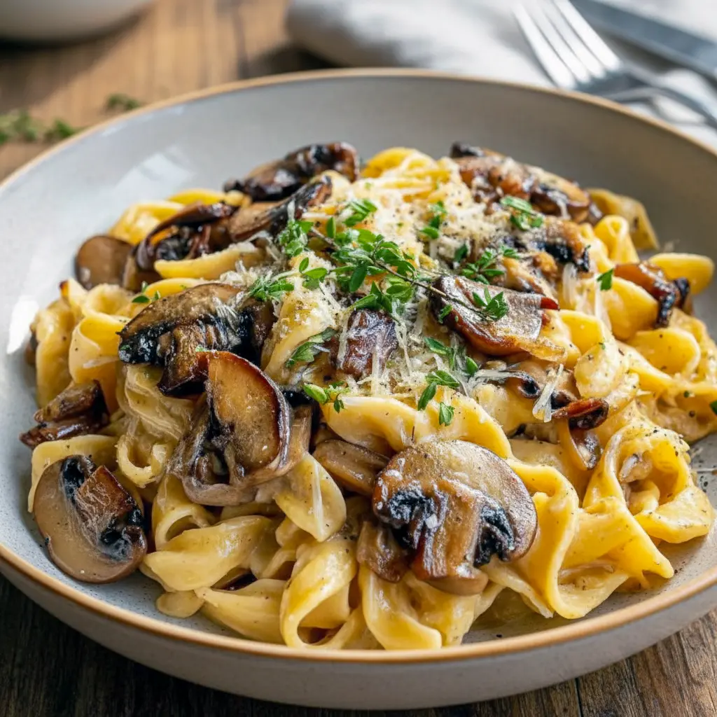 Close-up of creamy pasta tossed with caramelized leeks, golden mushrooms, and parsley on a white plate, Gruyere Pasta.