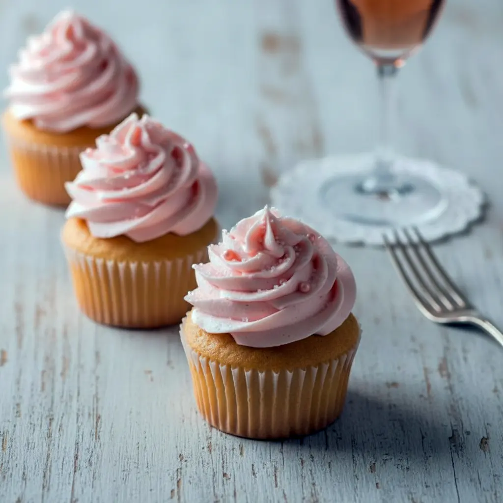 Close-up of a frosted cupcake on a cake stand — Pink Champagne Cupcakes with pearl sprinkles, silky buttercream, and a soft blush hue.