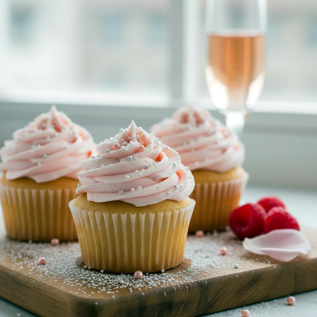 Close-up of a frosted cupcake on a cake stand — Pink Champagne Cupcakes with pearl sprinkles, silky buttercream, and a soft blush hue.