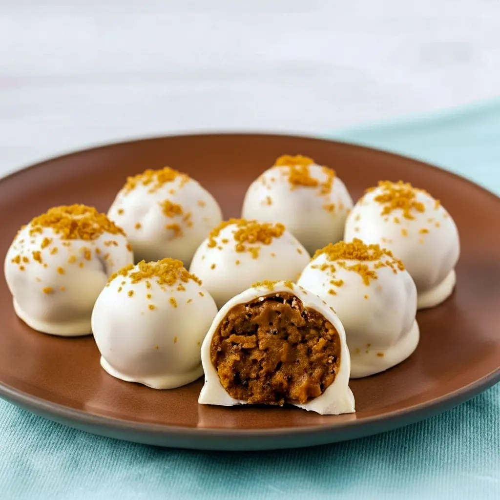 White-chocolate coated Biscoff truffles on a brown plate, one cut in half to show the spiced cookie center, Christmas Baking Recipes.
