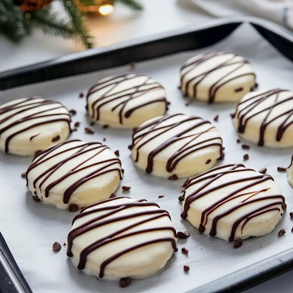 Close-up of round peppermint creams with glossy dark chocolate zig-zags on top, arranged on a festive plate with a light dusting of powdered sugar, Homemade Peppermint Treats.