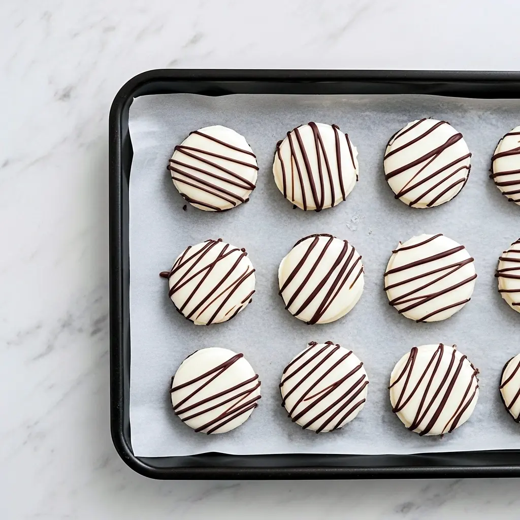 Close-up of round peppermint creams with glossy dark chocolate zig-zags on top, arranged on a festive plate with a light dusting of powdered sugar, Homemade Peppermint Treats.