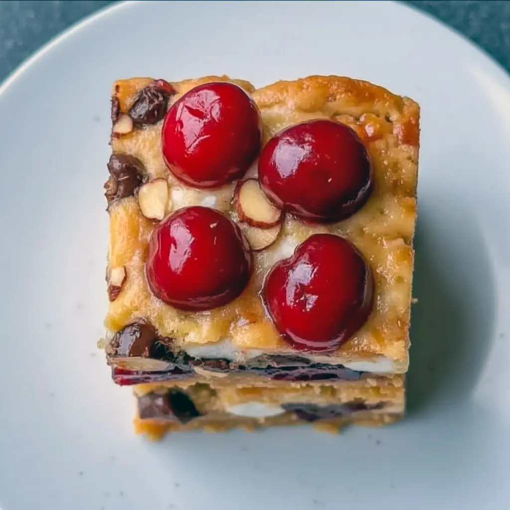 Stack of chocolate-marshmallow Christmas bars on a festive platter, sprinkled with crushed cranberries and powdered sugar, Christmas Sweet Treats.