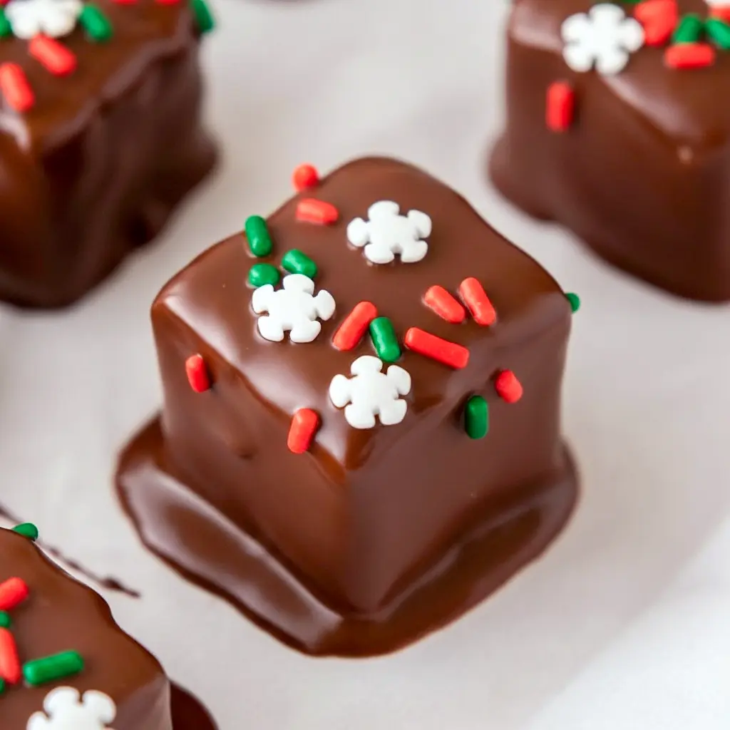 Close-up of chocolate-covered candy squares with a fluffy chocolate filling, sprinkled with crushed peppermint and arranged on parchment for gifting, Favorite Christmas Candy.