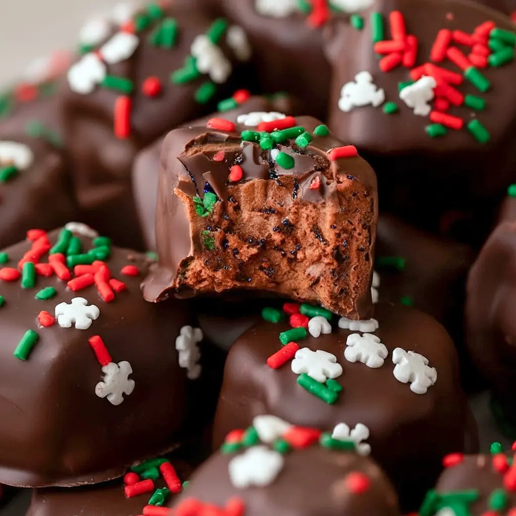 Close-up of chocolate-covered candy squares with a fluffy chocolate filling, sprinkled with crushed peppermint and arranged on parchment for gifting, Favorite Christmas Candy.