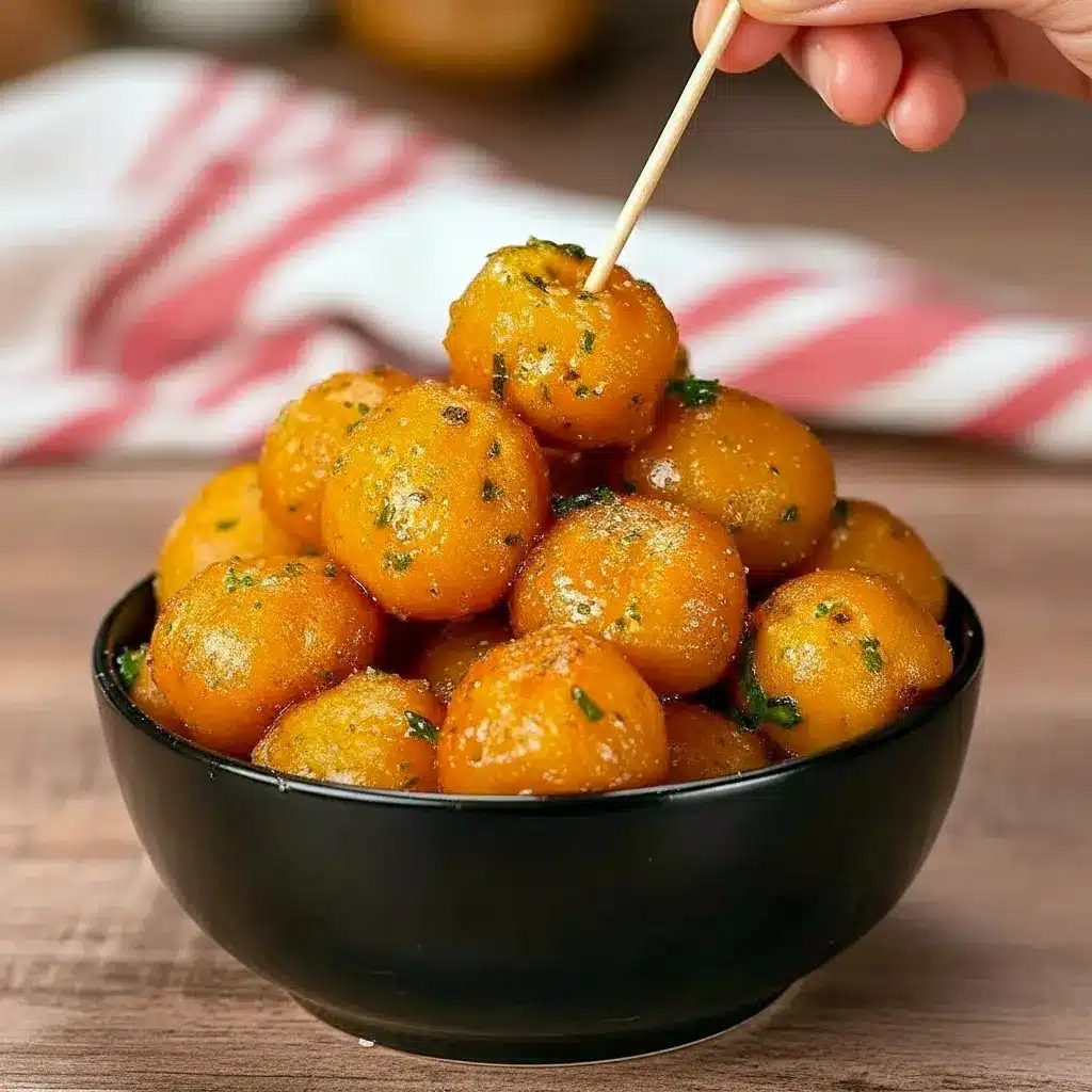 Close-up of golden garlic potato pops in a white bowl, glistening with melted butter and sprinkled with chopped parsley, ready to eat, Crispy Potato Snack Ideas.