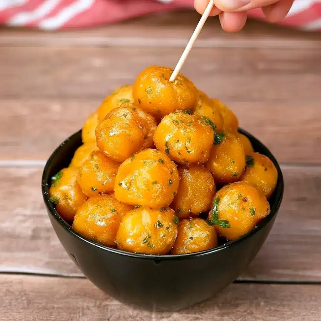 Close-up of golden garlic potato pops in a white bowl, glistening with melted butter and sprinkled with chopped parsley, ready to eat, Crispy Potato Snack Ideas.