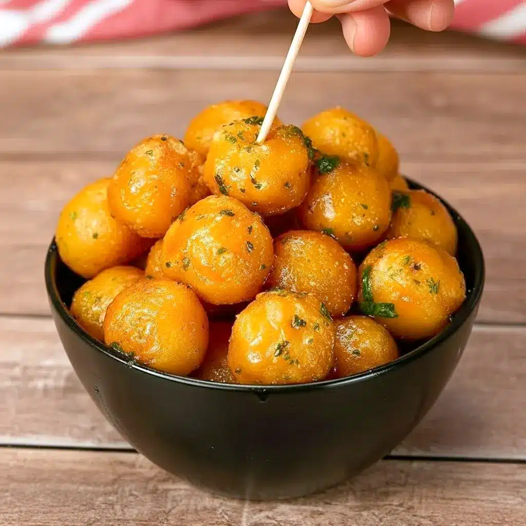 Close-up of golden garlic potato pops in a white bowl, glistening with melted butter and sprinkled with chopped parsley, ready to eat, Crispy Potato Snack Ideas.