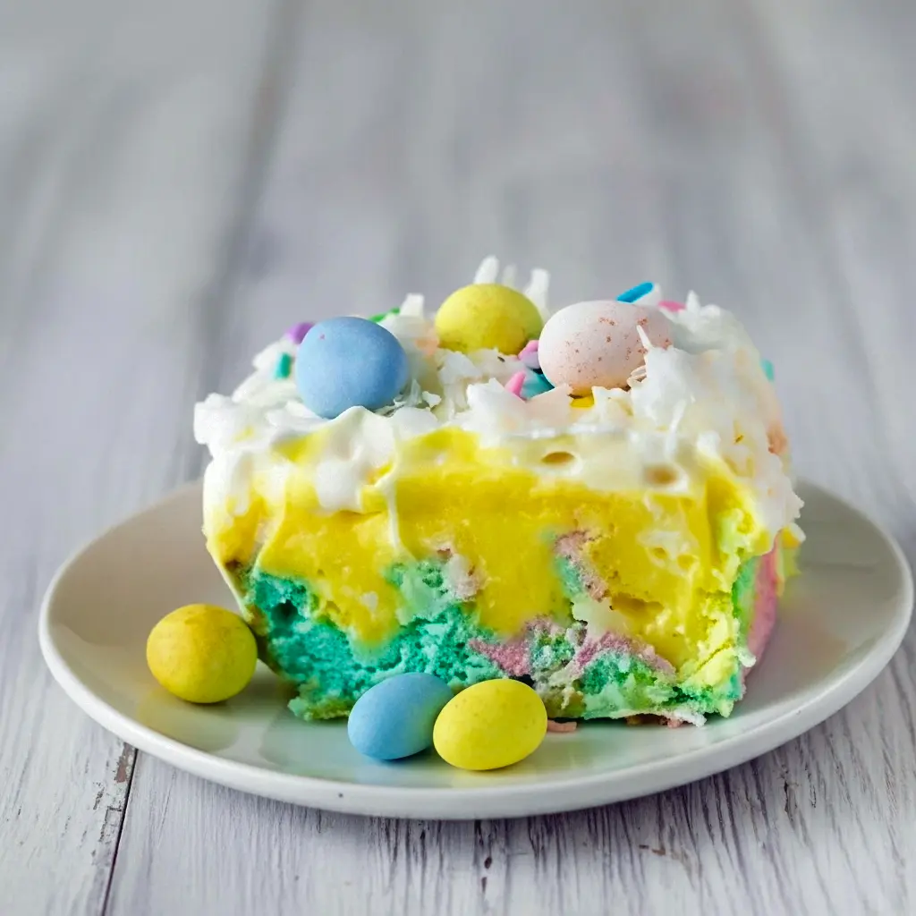 Close-up of a slice of pastel marbled poke cake with visible pudding-filled holes, topped with whipped cream, shredded coconut and mini chocolate eggs — a lovely option for Easter Sunday Dessert Ideas, a fresh Easter Spring Desserts pick, and an easy choice in Easy Desserts Easter, Fun And Easy Easter Desserts.