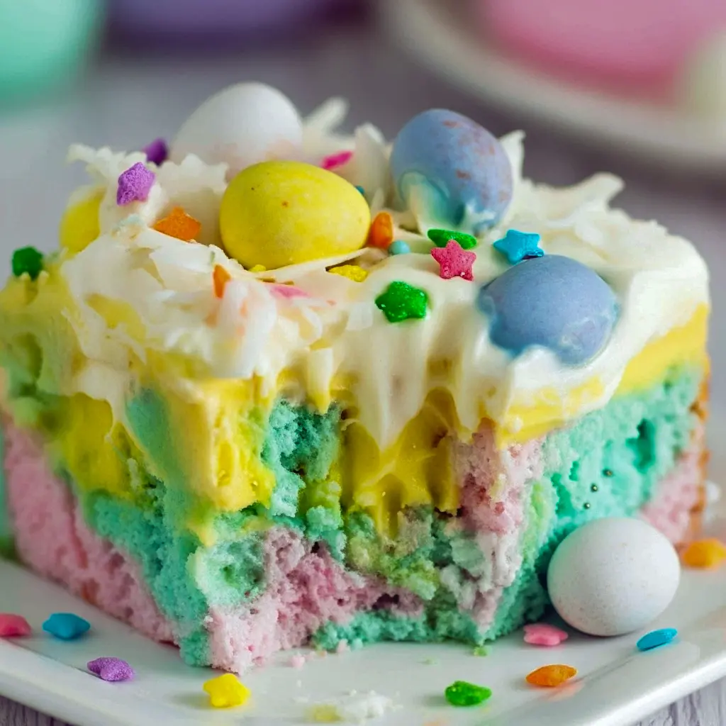 Close-up of a slice of pastel marbled poke cake with visible pudding-filled holes, topped with whipped cream, shredded coconut and mini chocolate eggs — a lovely option for Easter Sunday Dessert Ideas, a fresh Easter Spring Desserts pick, and an easy choice in Easy Desserts Easter, Fun And Easy Easter Desserts.