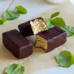 Greek Yogurt Protein Snack close-up: chocolate-coated peanut butter-yogurt bars on parchment, ideal Homemade Protein Snacks for meal prep, Healthy Sweet Protein Snacks.