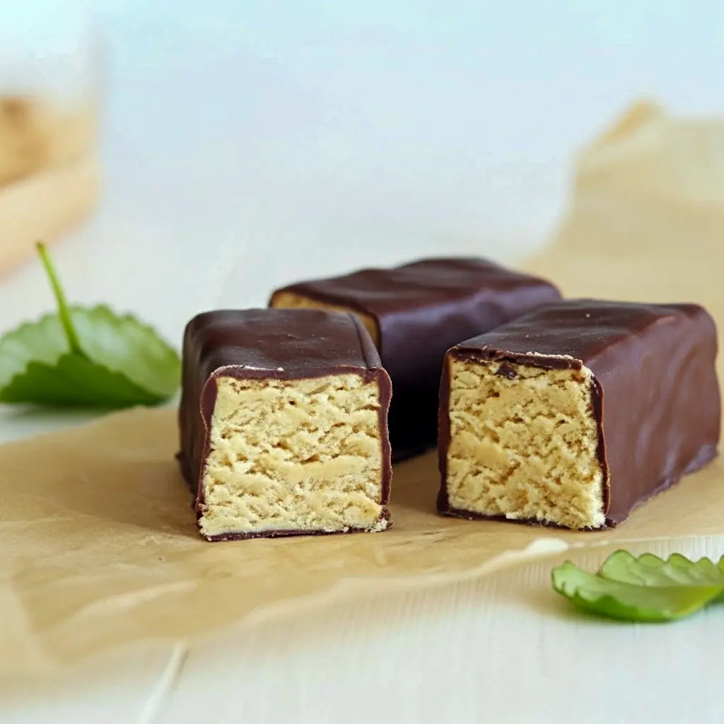 Greek Yogurt Protein Snack close-up: chocolate-coated peanut butter-yogurt bars on parchment, ideal Homemade Protein Snacks for meal prep, Healthy Sweet Protein Snacks.