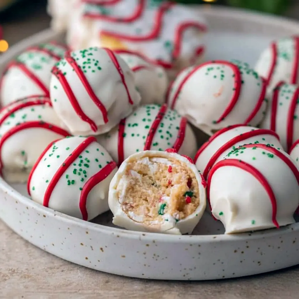Must Have Christmas Desserts: close-up of white-chocolate coated Little Debbie cake truffles with green sanding sugar and red drizzle — festive Christmas Tree Truffles that make great Fun Holiday Treats To Make, feel like Christmas Bakery Desserts, and slot right into Party Desserts Christmas or any Desserts Holiday table; a clever, easy Christmas Food Desserts Easy take on classic Christmas Snack Cakes and a top Christmas Cooking Ideas Baking idea.