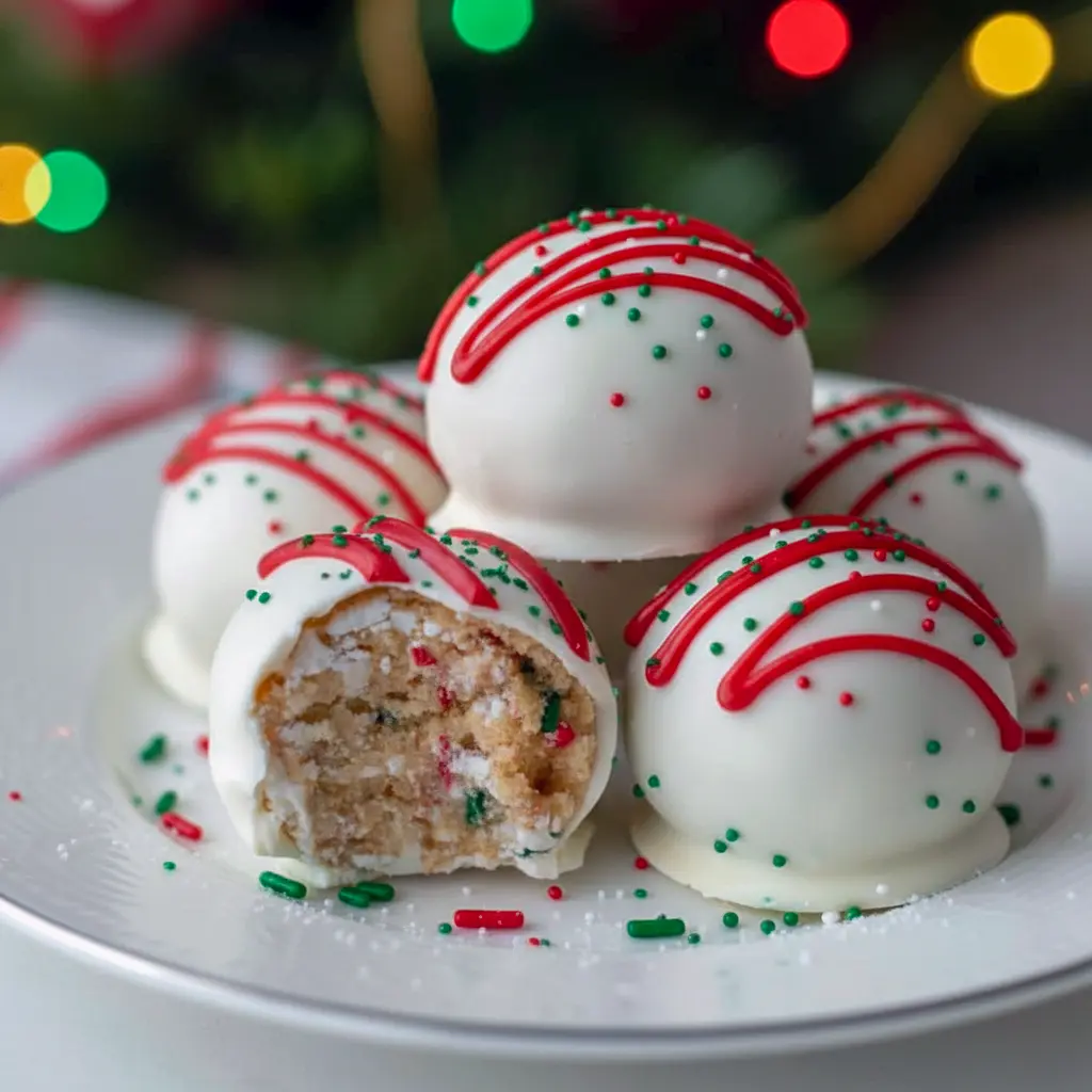 Must Have Christmas Desserts: close-up of white-chocolate coated Little Debbie cake truffles with green sanding sugar and red drizzle — festive Christmas Tree Truffles that make great Fun Holiday Treats To Make, feel like Christmas Bakery Desserts, and slot right into Party Desserts Christmas or any Desserts Holiday table; a clever, easy Christmas Food Desserts Easy take on classic Christmas Snack Cakes and a top Christmas Cooking Ideas Baking idea.