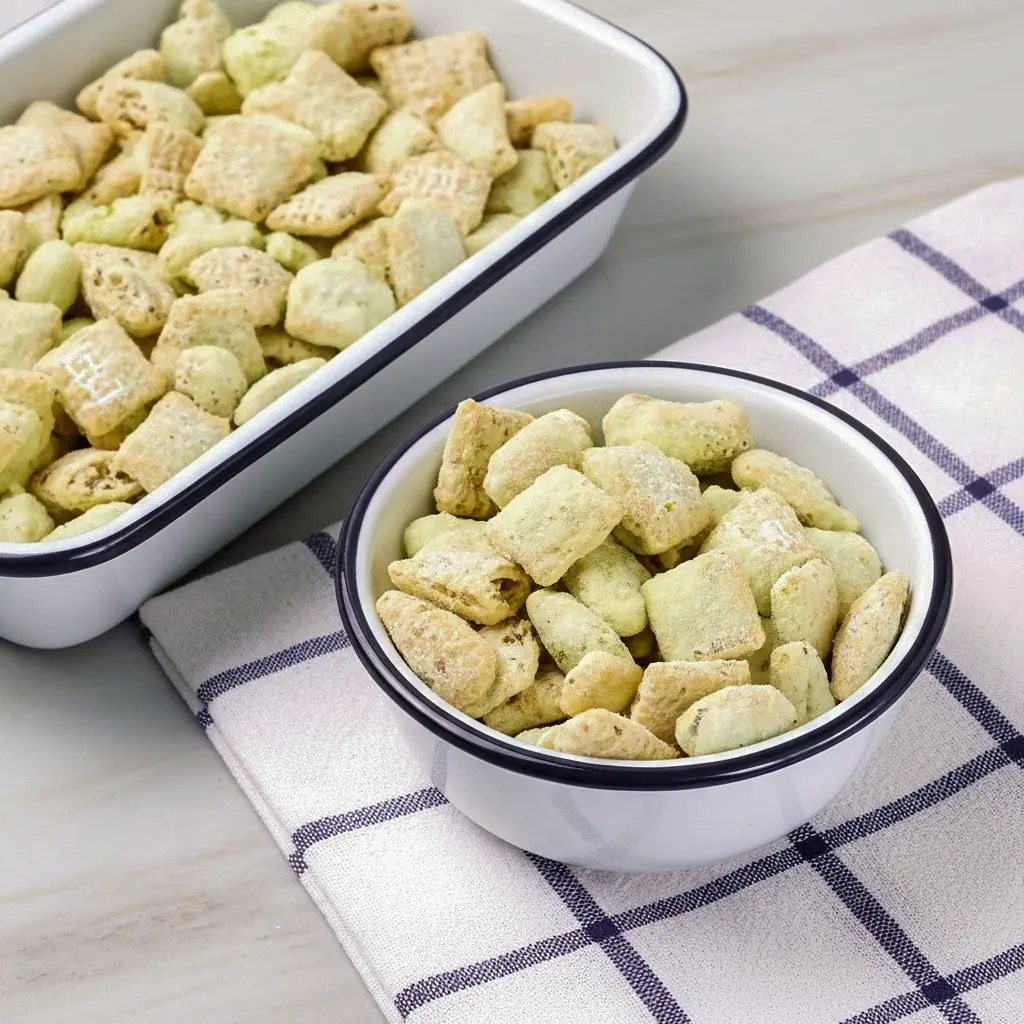 Overhead view of a sheet pan heaped with green-tinted pistachio puppy chow — powdered-sugar dusted Chex cereal, white chocolate coating, and chopped pistachios, Puppy Chow Treats.