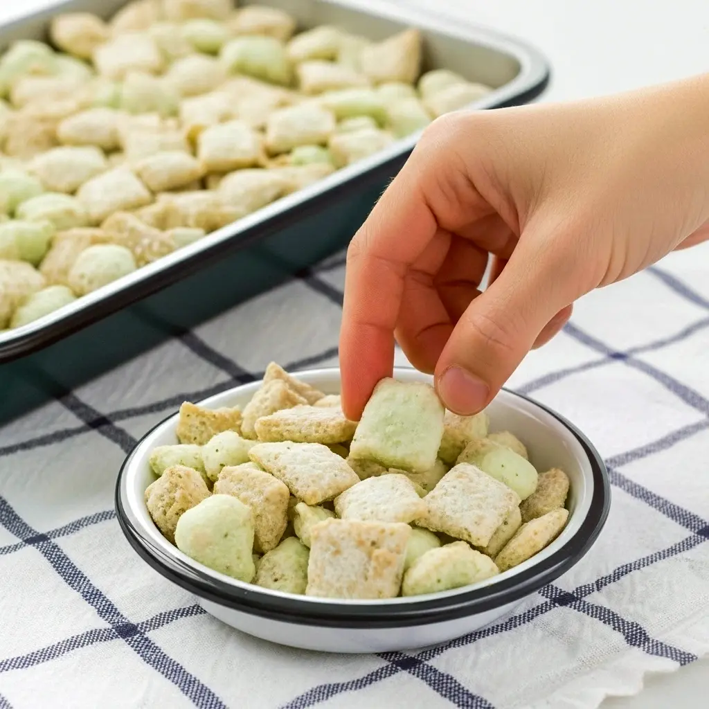 Overhead view of a sheet pan heaped with green-tinted pistachio puppy chow — powdered-sugar dusted Chex cereal, white chocolate coating, and chopped pistachios, Puppy Chow Treats.