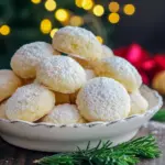 No-bake sweetened condensed milk snowballs rolled in shredded coconut and powdered sugar on a festive platter, Snowball Dessert Ideas.