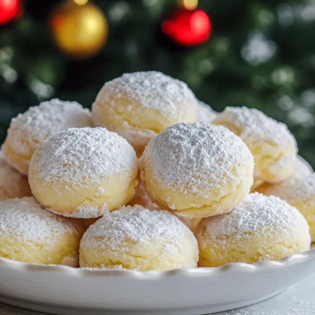 No-bake sweetened condensed milk snowballs rolled in shredded coconut and powdered sugar on a festive platter, Snowball Dessert Ideas.