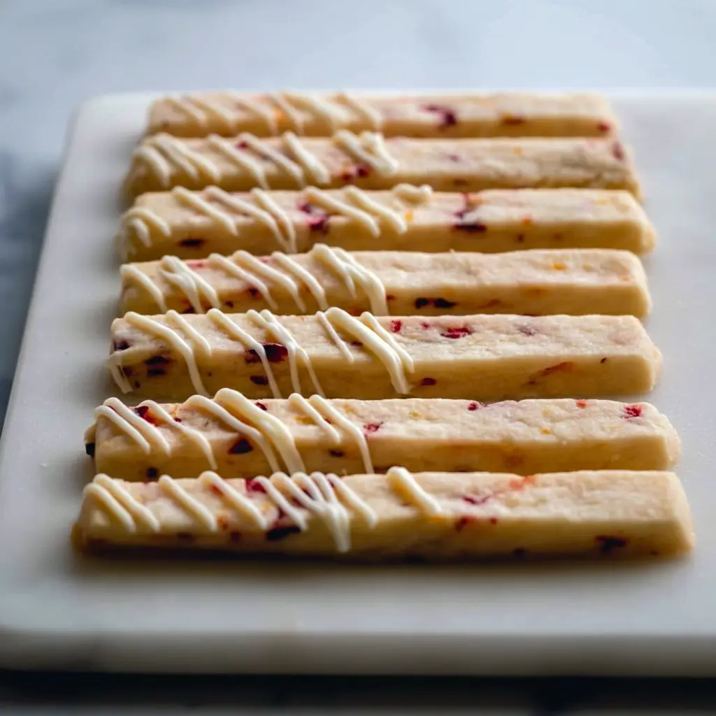 Buttery orange-cranberry shortbread sticks arranged on a festive plate, Holiday Treat Ideas.