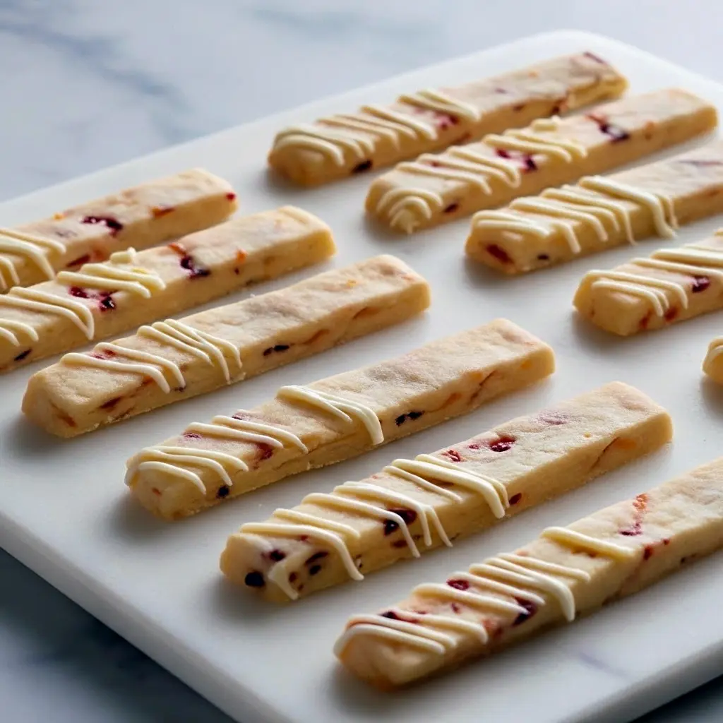 Buttery orange-cranberry shortbread sticks arranged on a festive plate, Holiday Treat Ideas.