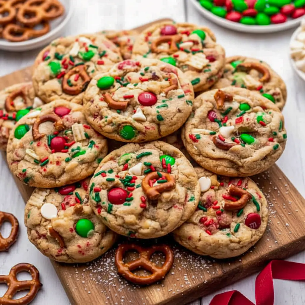 Close-up of chewy, loaded Christmas cookies on parchment — studded with pretzel pieces, crushed potato chips, M&M’s, white chocolate chips, and red-and-green sprinkles, Christmas Kitchen Sink Cookies.