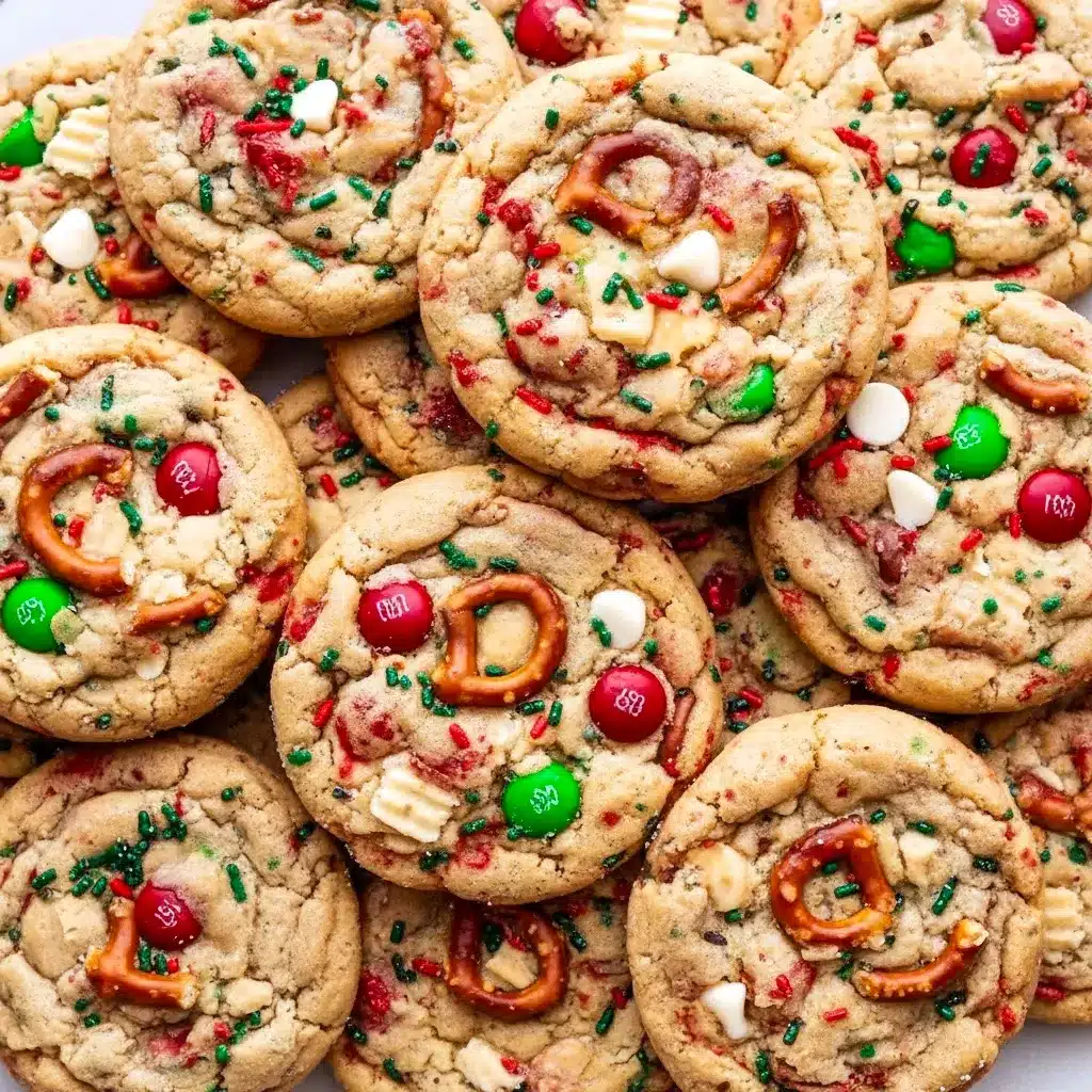 Close-up of chewy, loaded Christmas cookies on parchment — studded with pretzel pieces, crushed potato chips, M&M’s, white chocolate chips, and red-and-green sprinkles, Christmas Kitchen Sink Cookies.