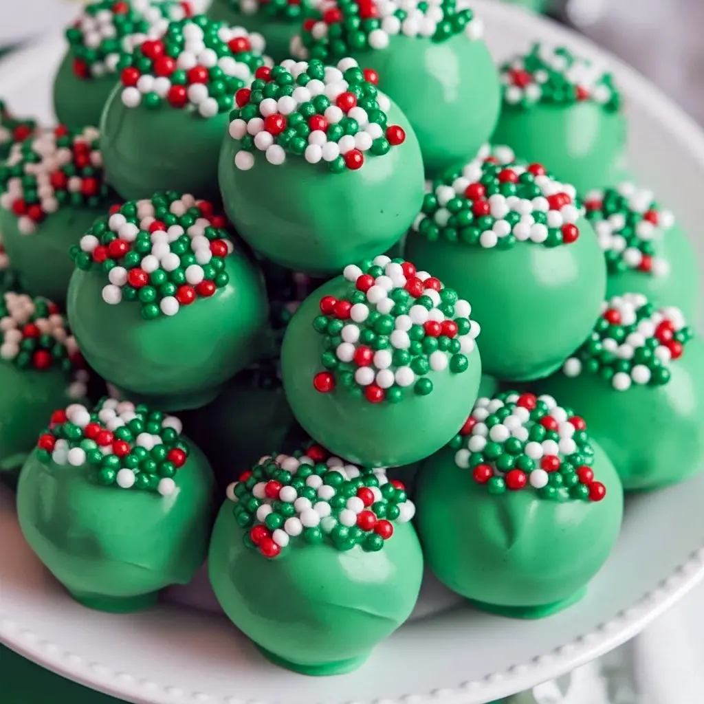 Close-up of glossy green truffles coated in candy melts with festive sprinkles; one truffle is cut open to reveal a creamy chocolate-cookie center, Christmas Truffles.