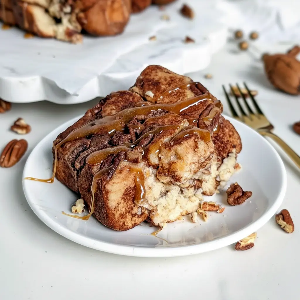 Close-up of golden pull-apart monkey bread loaf in a pan, cinnamon-coated protein dough balls with a tender, pillowy interior, High Protein No Sugar Desserts.