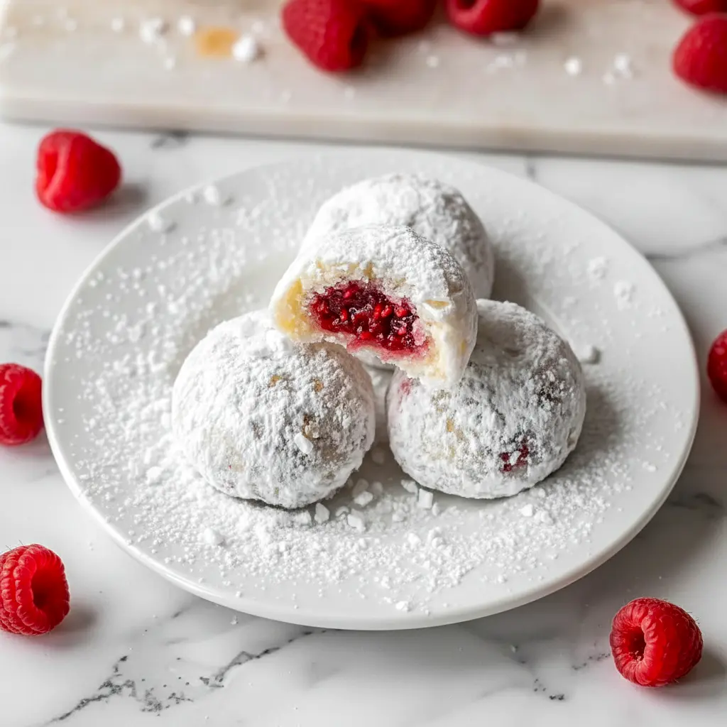 Close-up of raspberry almond snowball cookies dusted in powdered sugar, one split to reveal a jammy raspberry center on parchment paper, Must Make Christmas Cookies.