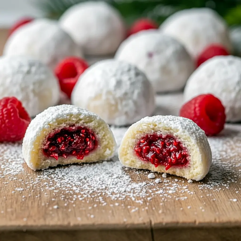 Close-up of raspberry almond snowball cookies dusted in powdered sugar, one split to reveal a jammy raspberry center on parchment paper, Must Make Christmas Cookies.
