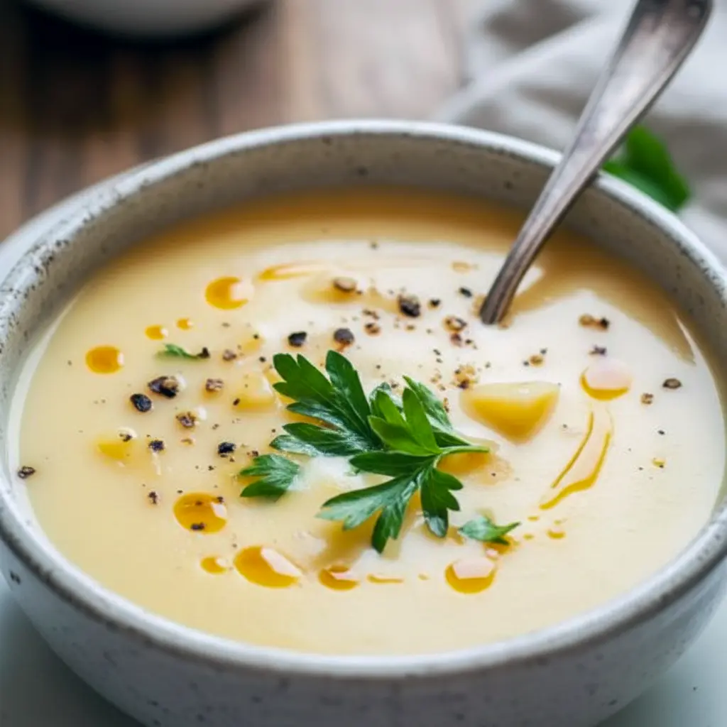 Close-up of a creamy, golden bowl of soup garnished with melted cheese and a sprig of thyme, served with crusty bread for a cozy fall meal, Cheddar Apple Soup.