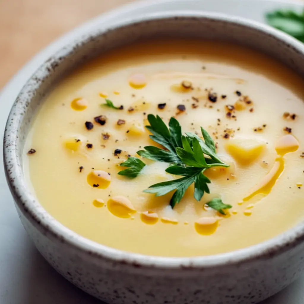 Close-up of a creamy, golden bowl of soup garnished with melted cheese and a sprig of thyme, served with crusty bread for a cozy fall meal, Cheddar Apple Soup.