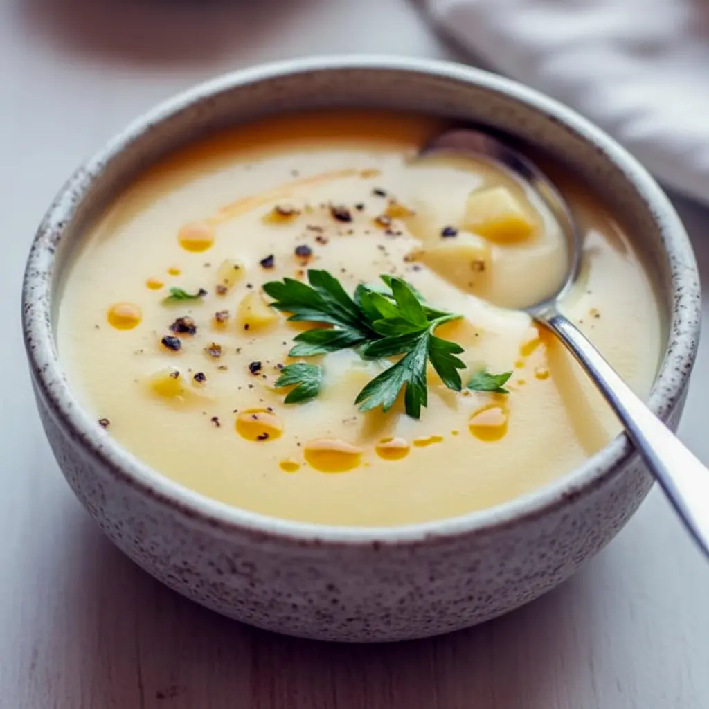 Close-up of a creamy, golden bowl of soup garnished with melted cheese and a sprig of thyme, served with crusty bread for a cozy fall meal, Cheddar Apple Soup.