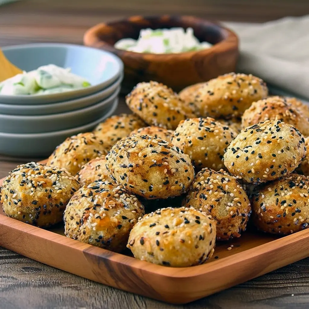 High Protein Morning Snack — close-up of golden, cream-cheese–stuffed bagel bites on a cooling rack; inspired by Everything But The Bagel Recipes and baked like little Baked Protein Bites with an option to make a Garlic Onion Protein Bagel flavor. Ideal for Snacks Ideas For Work or Protein Snack Ideas On The Go, great for High Protein Lunch Ideas For School, part of my Prime Protein Recipes lineup, and simple, satisfying High Protein Bites.