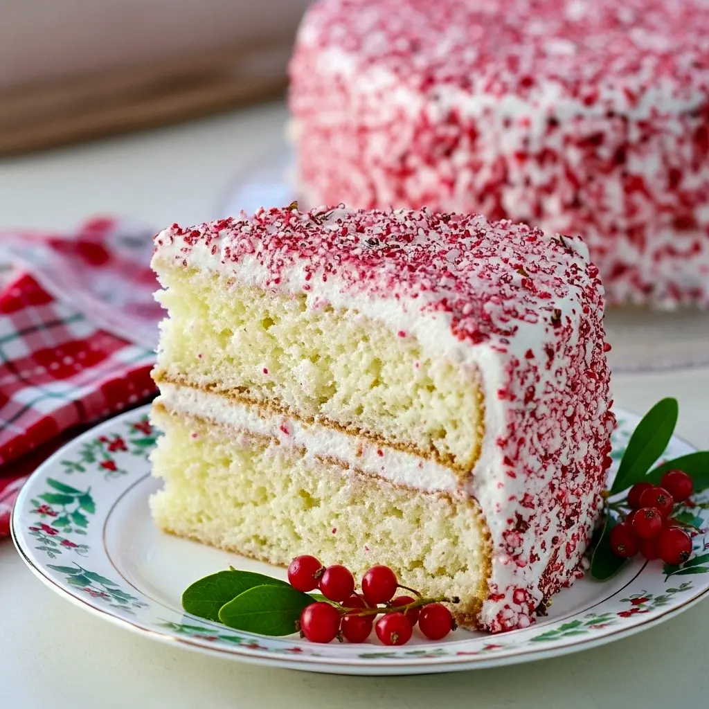 Slice of peppermint layer cake with white buttercream, crushed candy-cane rim, and a sprig of evergreen on a festive plate, Peppermint Cake.