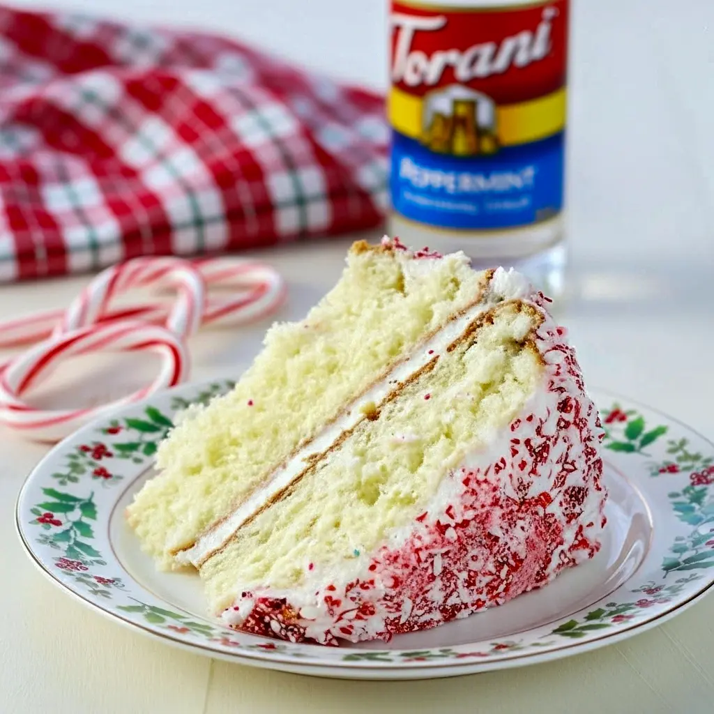 Slice of peppermint layer cake with white buttercream, crushed candy-cane rim, and a sprig of evergreen on a festive plate, Peppermint Cake.