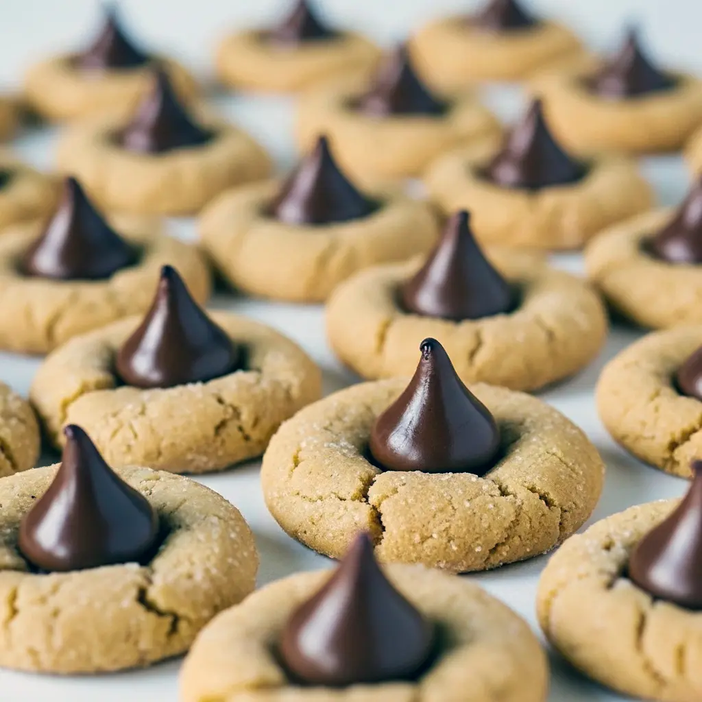 Golden peanut butter cookies rolled in sugar, each topped with a glossy milk chocolate kiss and stacked on parchment, Easy Peanut Butter Blossoms.