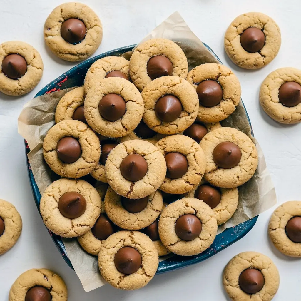 Golden peanut butter cookies rolled in sugar, each topped with a glossy milk chocolate kiss and stacked on parchment, Easy Peanut Butter Blossoms.