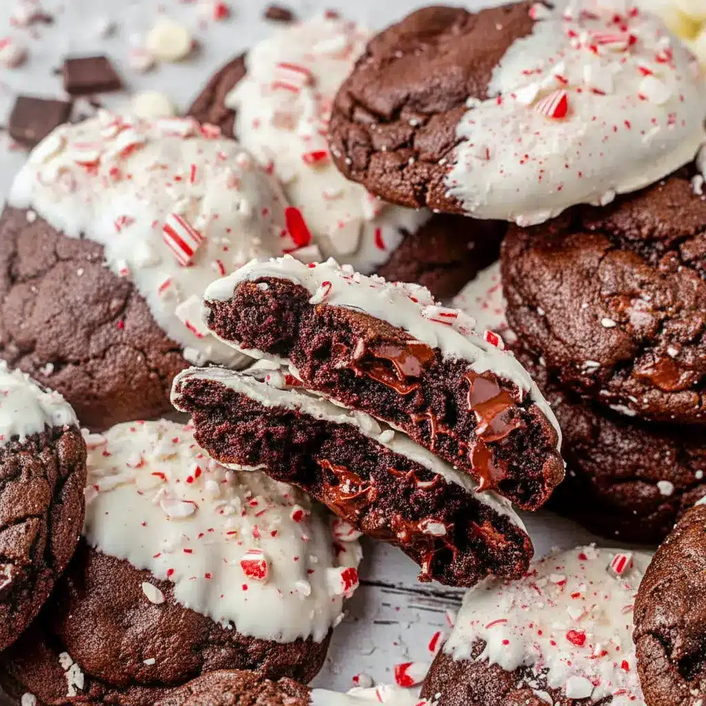 Close-up of a half-dipped cookie showing gooey chocolate chunks and a white-chocolate peppermint coating — a simple Peppermint Bark Cookies Recipe for holiday trays, one of the best Christmas Dessert Ideas Chocolate, styled as elegant Half Dipped Cookies and a top Chocolate Peppermint Recipes riff with Christmas Crumbl Cookie vibes, Chocolate Peppermint Bark Cookies.