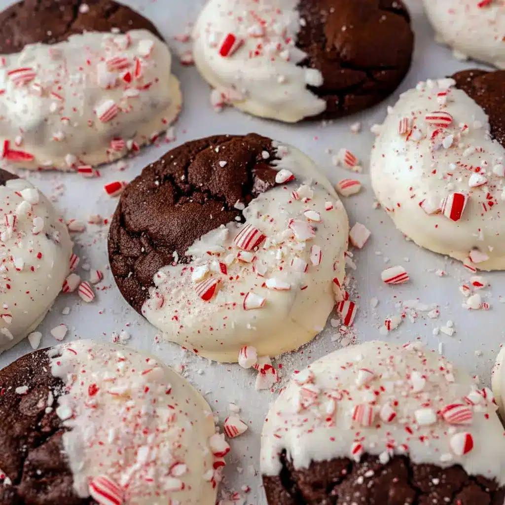 Close-up of a half-dipped cookie showing gooey chocolate chunks and a white-chocolate peppermint coating — a simple Peppermint Bark Cookies Recipe for holiday trays, one of the best Christmas Dessert Ideas Chocolate, styled as elegant Half Dipped Cookies and a top Chocolate Peppermint Recipes riff with Christmas Crumbl Cookie vibes, Chocolate Peppermint Bark Cookies.