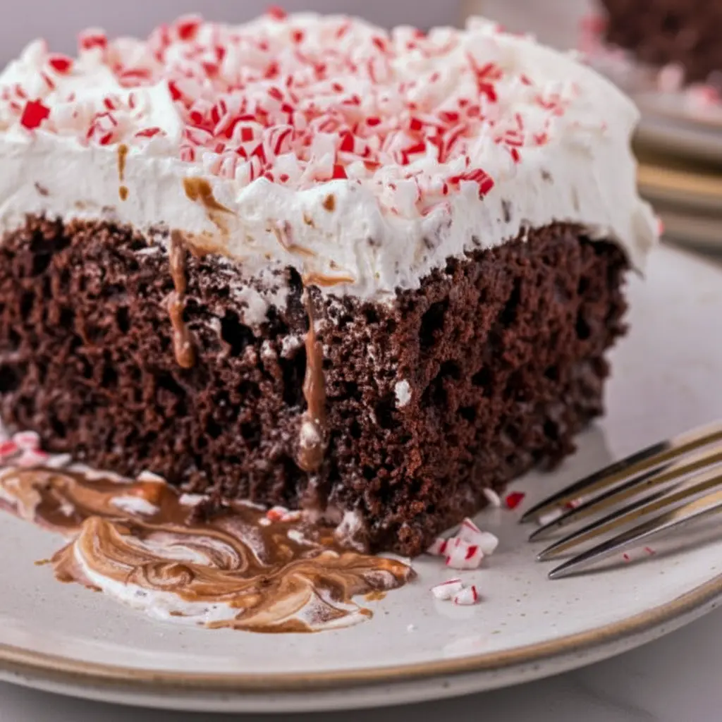 Slice of chocolate peppermint poke cake with whipped topping and crushed candy canes on a festive plate, Christmas Cake.