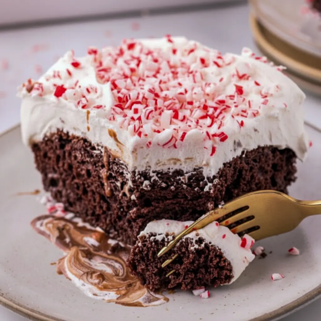 Slice of chocolate peppermint poke cake with whipped topping and crushed candy canes on a festive plate, Christmas Cake.