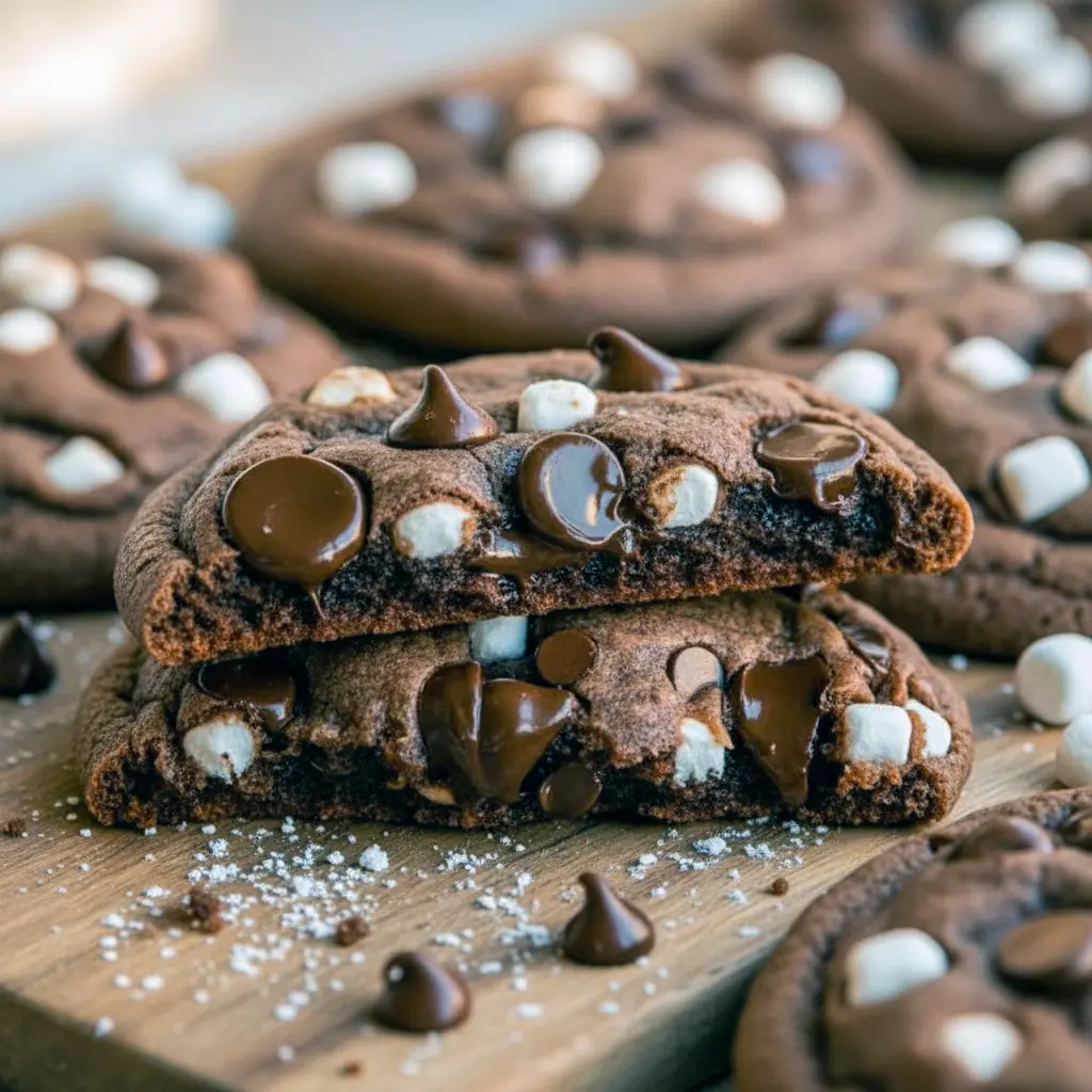 Close-up of hot chocolate cookies with mini marshmallows — ideal Baked Goods Christmas gift and one of the most Yummy Christmas Desserts, Cookies For The Holidays.