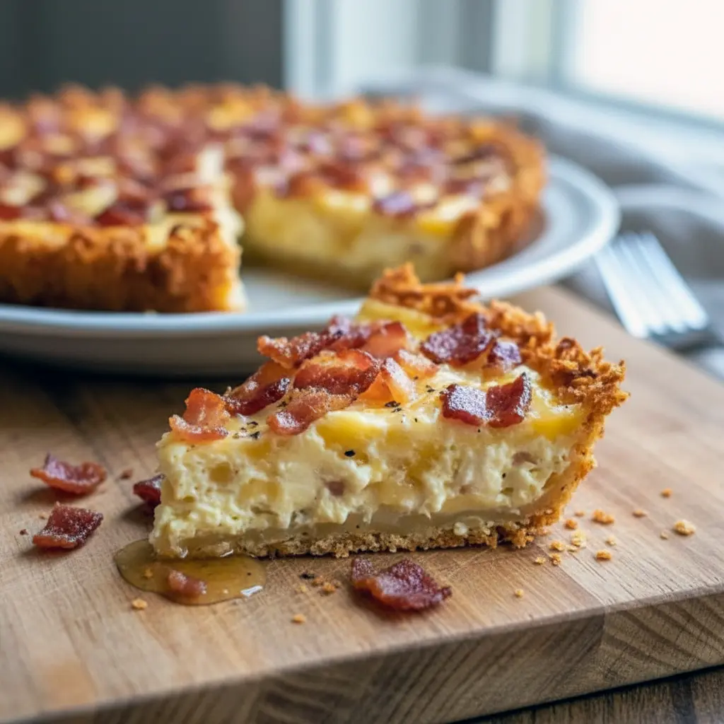 Top-down shot of a golden hashbrown-crusted quiche wedge on a plate with melted cheddar and bacon — a rustic take on a Cheese Onion Quiche, as approachable as a Mushroom And Onion Quiche, with the comfort of a Pioneer Woman Brie And Broccoli Quiche, styled to evoke an herb-forward Herb-filled Quiche Recipe, Bacon And Cheese Quiche.