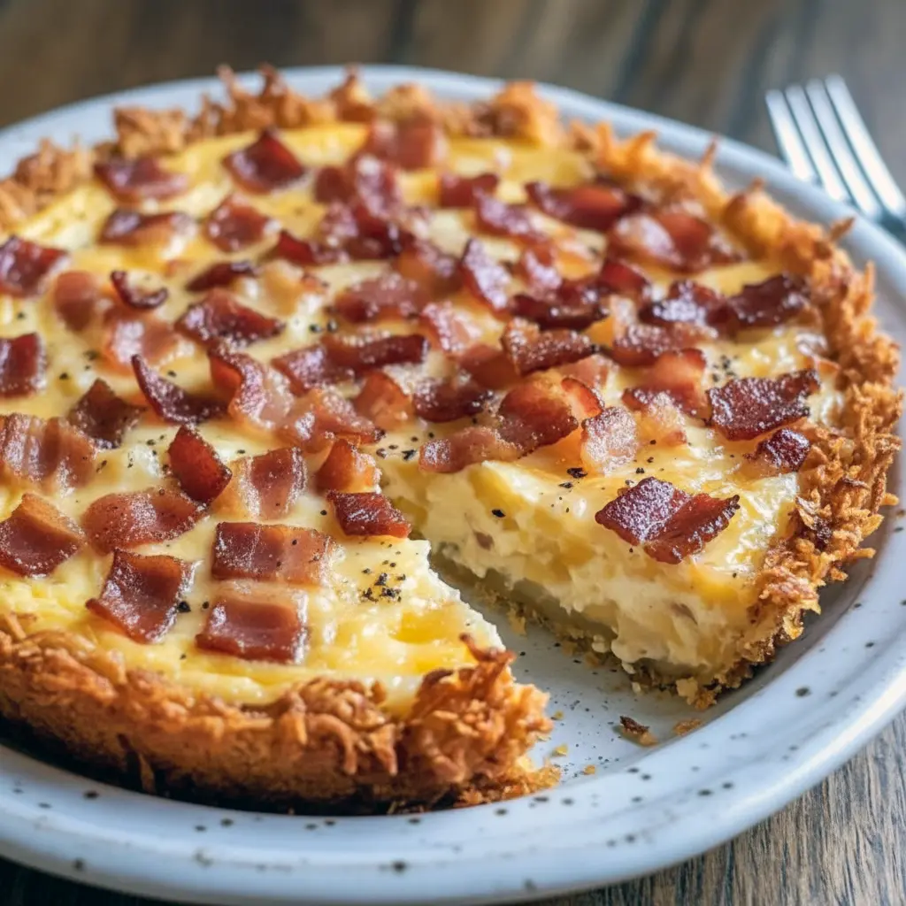 Top-down shot of a golden hashbrown-crusted quiche wedge on a plate with melted cheddar and bacon — a rustic take on a Cheese Onion Quiche, as approachable as a Mushroom And Onion Quiche, with the comfort of a Pioneer Woman Brie And Broccoli Quiche, styled to evoke an herb-forward Herb-filled Quiche Recipe, Bacon And Cheese Quiche.