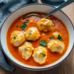 Overhead shot of a steaming bowl of tomato soup topped with golden, fluffy cheese dumplings and a scattering of fresh herbs, served with crusty bread, Easy Soups.